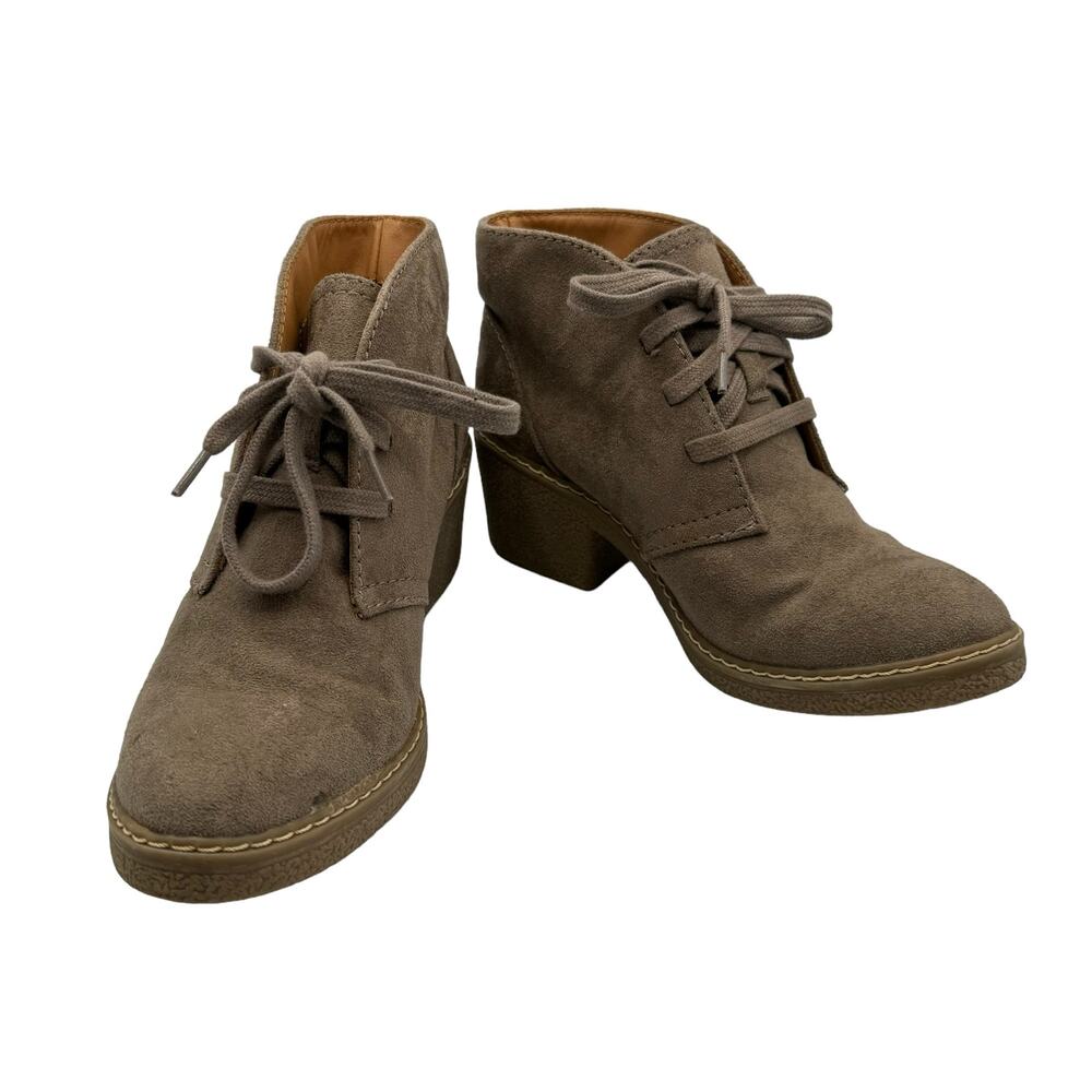 Merona Women Tan Faux Suede Almond Toe Lace Up Ankle Booties Size 5 1/2